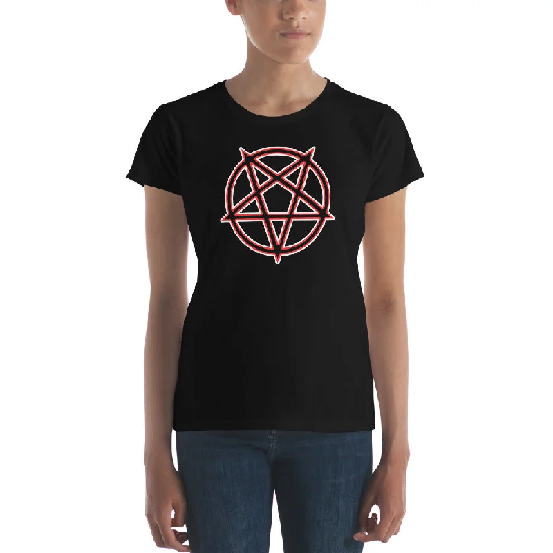 Satanic Occult Symbol The Inverted Pentagram Women's Short Sleeve Babydoll T-shirt Front Pockets Side Pockets Patch Pockets