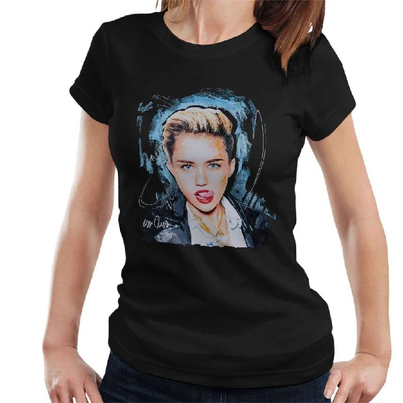 Sidney Maurer Original Portrait Of Miley Cyrus Licking Lips Women's T-Shirt V-Neck T-Shirt Long Sleeve Cotton