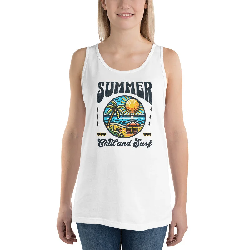 Summer Chill and Surf T-Shirt, Retro Beach Design Tee, Vacation Vibes Shirt, Vintage Summer Graphic Tee, Beach Lover Gift, Surfing Tank Top Iron Safe Non-Iron Wrinkle Free