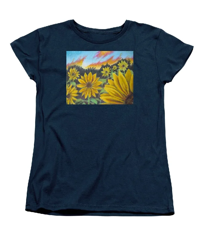 Sunflower Hue - Women's T-Shirt (Standard Fit) Hooded Caped Shawl Collar