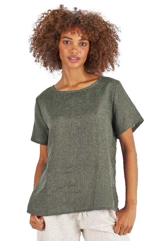 Teena-Linen Olive Green T-Shirt Casual Formal Business