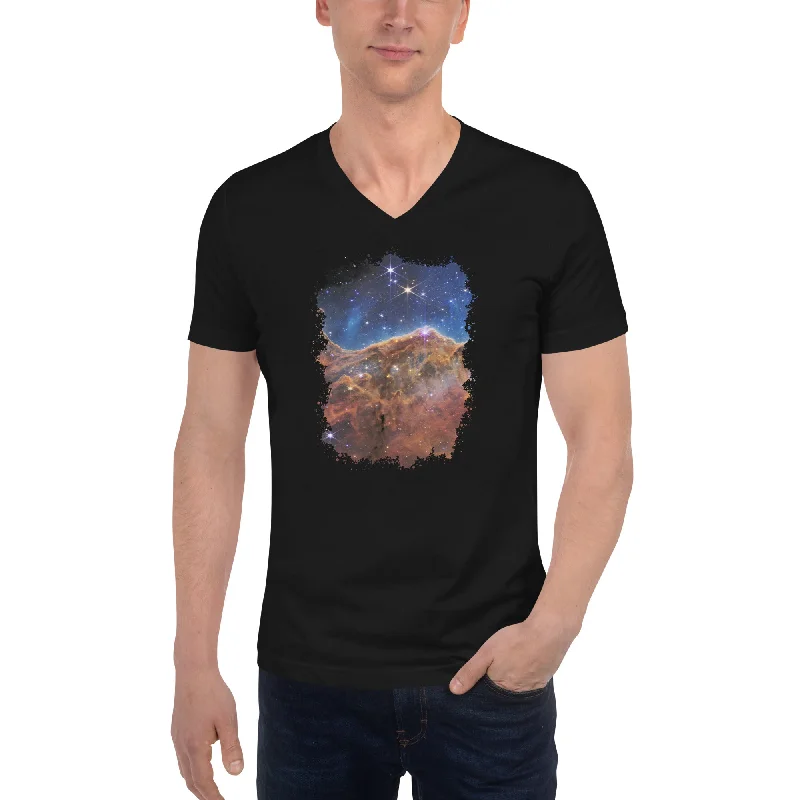 The Carina Nebula Space Graveyard JWST Short Sleeve V-Neck T-Shirt Rayon Fabric Velvet Fabric Corduroy Fabric