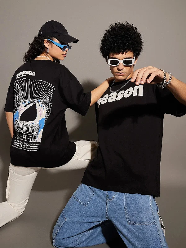 Unisex Black Season Oversized T-Shirt Denim Fabric Leather Fabric Suede Fabric