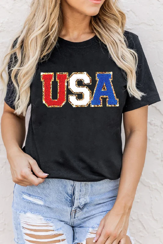 USA Lettered Ladies T-Shirt V-Neck T-Shirt Long Sleeve Cotton