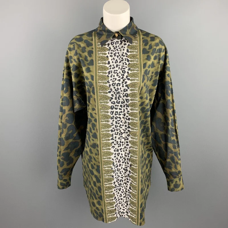VERSUS by GIANNI VERSACE Size M Olive & Black Print Cotton Oversized Shirt Chenille Blend Fleece Blend Nylon Blend VERSUS by GIANNI VERSACE Size M Olive & Black Print Cotton Oversized Shirt Chenille Blend Fleece Blend Nylon Blend