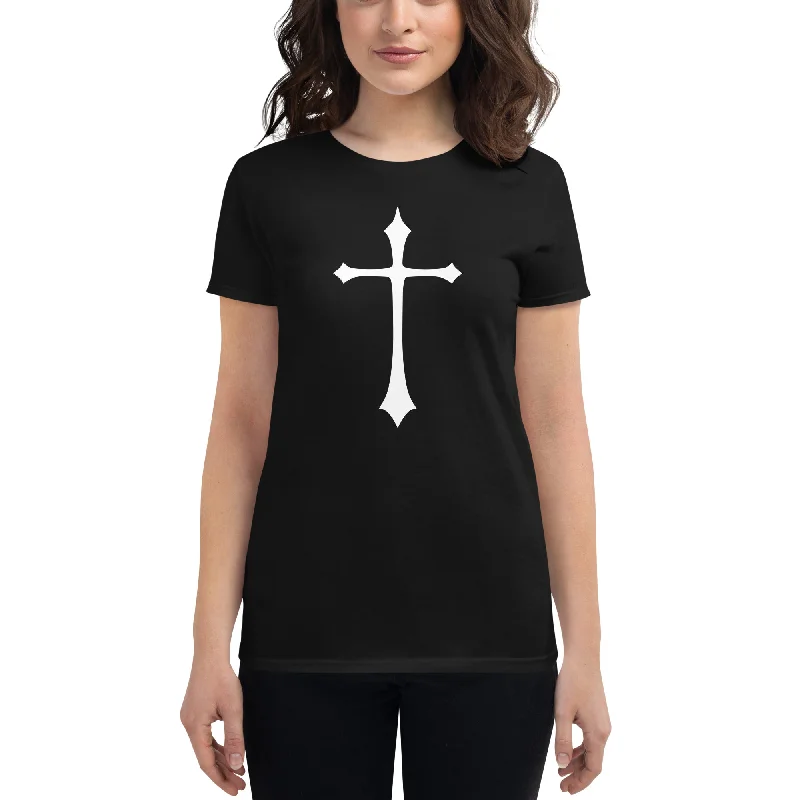White Gothic Medeival Holy Cross Women's Short Sleeve Babydoll T-shirt Chenille Brocade Lace White Gothic Medeival Holy Cross Women's Short Sleeve Babydoll T-shirt Chenille Brocade Lace