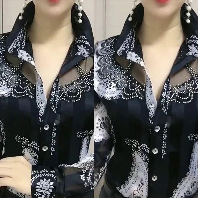 Women's Long-sleeved Bottoming Shirt Western Style Lace Stitching Chiffon Shirt Collared Crew Neck Turtle Neck