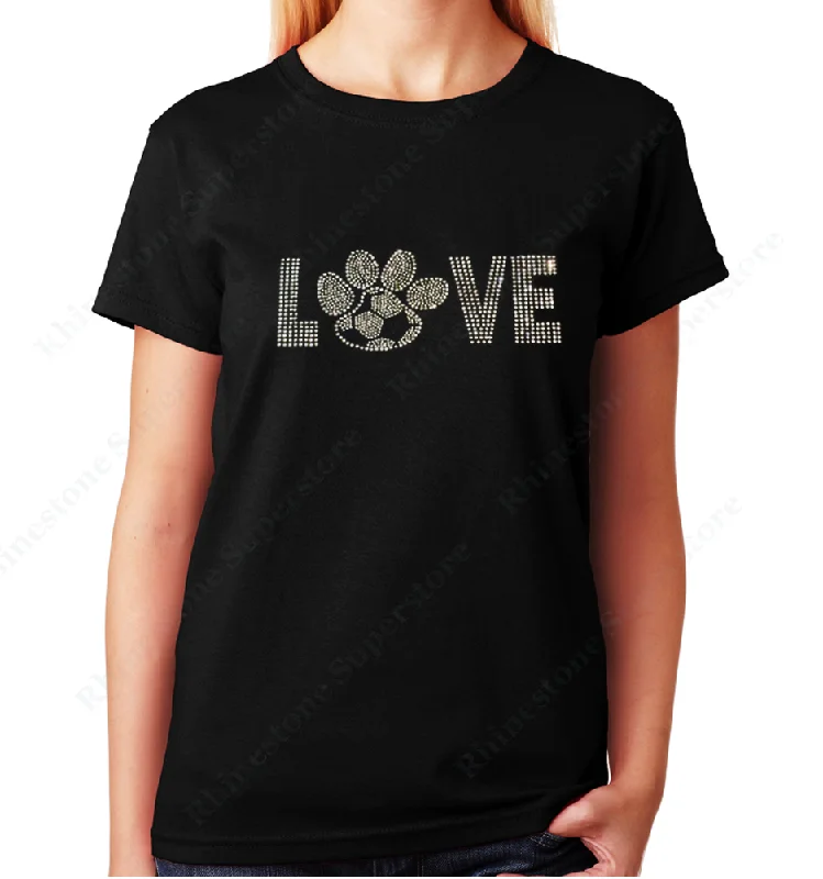 Women's / Unisex T-Shirt with Love Soccer Paw in Rhinestones Elasticated Padded Insulated