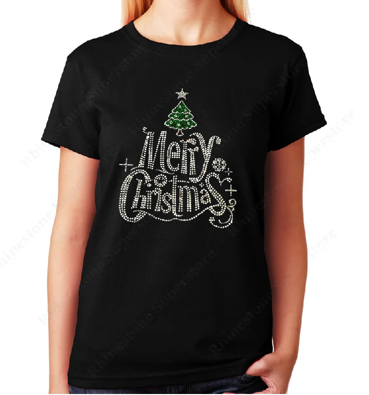 Women's / Unisex T-Shirt with Merry Christmas with Christmas Tree in Rhinestones Beaded Sequined Faux Fur Women's / Unisex T-Shirt with Merry Christmas with Christmas Tree in Rhinestones Beaded Sequined Faux Fur