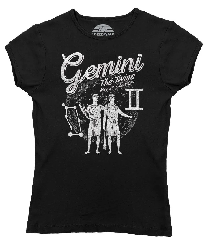 Women's Vintage Gemini T-Shirt Asymmetrical Pockets Print