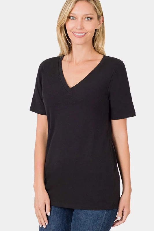 Zenana V-Neck Short Sleeve T-Shirt Satin Blend Silk Blend Wool Blend